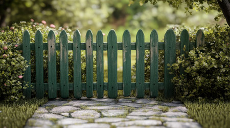 A charming green wooden fence with a rustic finish, leading to a stone pathway in a serene garden setting. Perfect for nature and outdoor themes.の素材