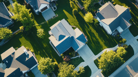 Stunning aerial view showcasing a peaceful suburban neighborhood with lush gardens and vibrant greenery, highlighting the residential architecture and tranquility.の素材