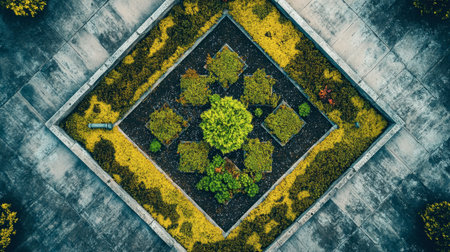Stunning aerial view of a beautifully designed garden featuring geometric patterns, vibrant greenery, and gravel paths, offering a tranquil escape into nature.の素材