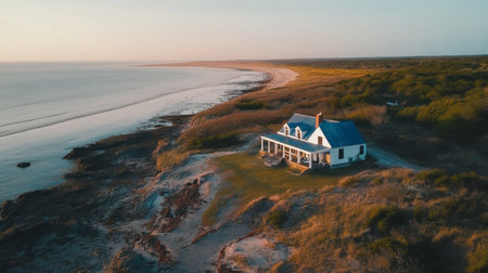 A breathtaking aerial view of a serene coastal retreat featuring a charming house beside a sandy beach. The tranquil landscape offers a perfect getaway for relaxation and adventure.の素材