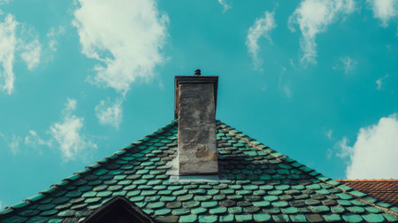 An appealing view of a stone chimney atop a charming house, framed by a vibrant blue sky dotted with soft clouds. The unique shingles add character.の素材