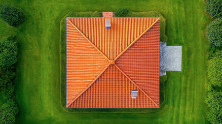 Stunning aerial view highlighting a red tiled roof atop a lush green lawn, surrounded by trees. Ideal for showcasing architecture and landscape design.の素材