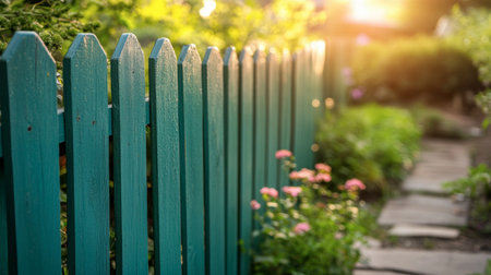 A vibrant green wooden fence stands against a glowing sunrise, with flowers blooming nearby. The scene captures the essence of a peaceful garden, inviting tranquility.の素材