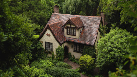 This enchanting cottage showcases vintage architecture surrounded by vibrant greenery, creating a serene escape into nature's beauty. Ideal for any project featuring tranquil landscapes.の素材
