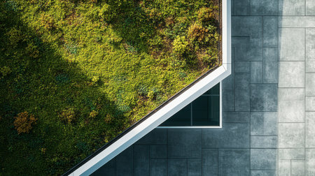 Discover an aerial view showcasing a lush green roof integrated with sleek modern architecture and textured stone tiles, exemplifying sustainability in design.の素材