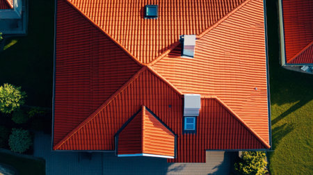 Captivating aerial view showcasing a house with a vibrant orange roof surrounded by lush green spaces. A perfect blend of architecture and nature.の素材