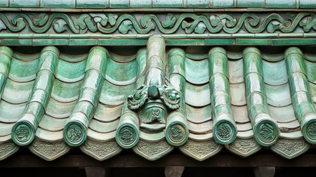Close-up view of traditional green glazed roof tiles showcasing intricate decorative details. The elegant craftsmanship highlights cultural and historical significance.の素材