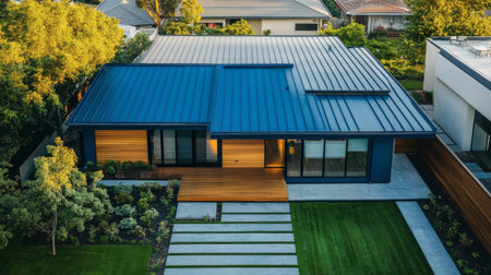 This striking modern house features a sleek metal roof and beautiful landscaping, showcasing contemporary design and tranquil outdoor space in a sunny neighborhood.の素材