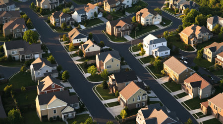 An aerial view of a tranquil suburban neighborhood showcasing homes interspersed with greenery and winding streets, reflecting peaceful living and community design.の素材