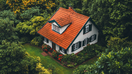 Cozy cottage nestled in vibrant greenery with a classic red-tiled roof showcases charming architecture in a tranquil, lush garden setting.の素材