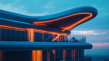 Stunning modern architecture features sleek lines and neon lights against a twilight backdrop, showcasing innovative design and urban elegance in a tranquil setting.の素材