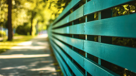 This image showcases a vibrant turquoise wooden fence beside a sunny green path, encapsulating a serene and inviting outdoor space with a tranquil atmosphere.の素材