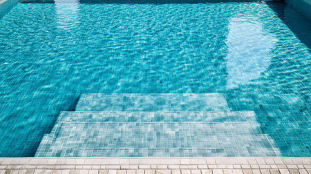 A stunning view of a clear blue swimming pool showcasing steps leading into the water. The sunlight reflects beautifully on the surface, creating a serene atmosphere.の素材