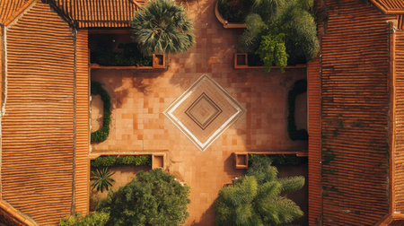 This aerial photograph captures a tranquil courtyard with lush vegetation and vibrant tiles, showcasing a beautiful blend of nature and architecture in a serene setting.の素材