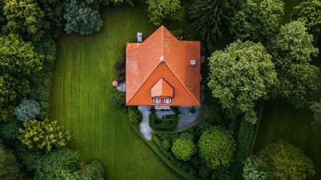 This aerial photograph captures a charming house nestled amidst vibrant greenery. The bright roof contrasts beautifully with the lush surroundings, offering a serene retreat.の素材