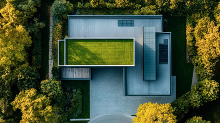 This modern minimalist building blends seamlessly with lush greenery, showcasing an innovative roof garden that enhances its tranquil aesthetic and sustainable design.の素材