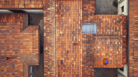 A captivating aerial view showcases distinctive terracotta tile roofs, depicting intricate patterns and textures in an urban setting, highlighting architectural beauty.の素材