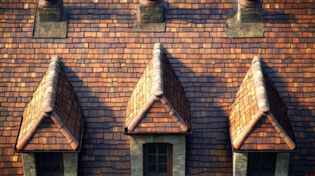 A close-up image showcasing a rustic roof featuring red tiles and chimneys. The intricate texture and design highlight the craftsmanship and architectural elegance. Perfect for showcasing residential charm.の素材