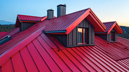 A striking red metal roof complements a modern home design, showcasing unique angles and a harmonious blend of structure and nature at sunset.の素材