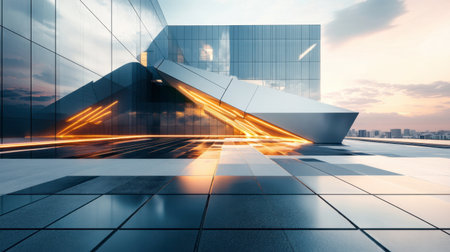 Stunning modern architecture featuring sleek lines and reflective surfaces, illuminated by the warm glow of the setting sun. A captivating urban landscape.の素材