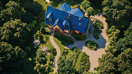 Stunning aerial view of a beautifully designed house nestled in lush greenery, featuring a vivid blue roof, charming pathways, and peaceful garden spaces.の素材