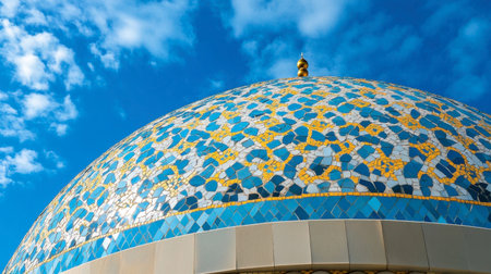 A stunning view of a vibrant mosaic dome under a clear blue sky, featuring intricate patterns and golden accents, showcasing architectural beauty and cultural heritage.の素材