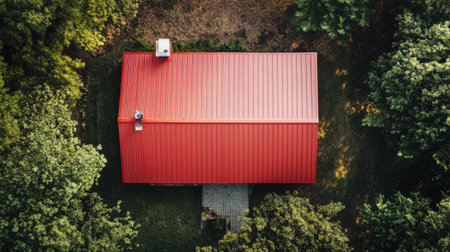 A stunning aerial view showcases a red metal roof house nestled among vibrant green trees, highlighting a serene outdoor environment ideal for peaceful living.の素材