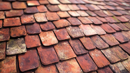 Close-up view of beautifully textured terracotta roof tiles showcasing warm earthy shades. This image highlights the rustic charm and craftsmanship of traditional roofing materials.の素材