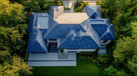 Captivating aerial view of a modern house featuring a blue roof, surrounded by lush greenery. This image showcases the harmonious blend of architecture and nature.の素材