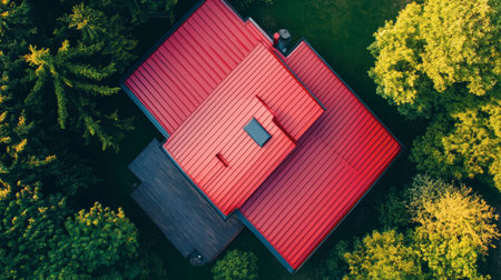 Captivating aerial perspective of a modern house with a striking red roof, nestled among lush green trees, showcasing a harmonious blend of architecture and nature.の素材