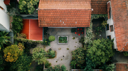 This aerial image depicts a serene garden oasis surrounded by charming rooftops, showcasing lush greenery and vibrant flowers, perfect for outdoor relaxation.の素材