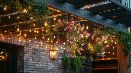 Enjoy a cozy outdoor dining space adorned with vibrant flowers and warm string lights, creating an inviting atmosphere for gatherings and celebrations.の素材