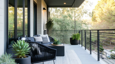 A serene modern patio featuring stylish furniture, green plants, and a beautiful view. Enjoy the perfect blend of comfort and elegance in this outdoor space.の素材