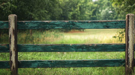 A rustic wooden fence with a distressed green patina stands in a lush meadow. The peaceful scene highlights nature, tranquility, and rural beauty.の素材