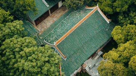 Aerial view of a traditional Asian rooftop nestled among vibrant green trees, showcasing intricate tile patterns and harmonious architecture amidst a peaceful natural setting.の素材