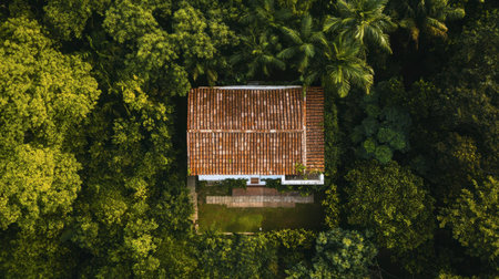 A beautiful aerial perspective of a rustic house embraced by lush greenery, showcasing the harmony between architecture and nature in a tranquil setting.の素材