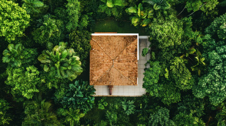 A serene aerial photograph showcasing a cozy home nestled within dense greenery, surrounded by vibrant trees and rich foliage, perfect for nature lovers.の素材
