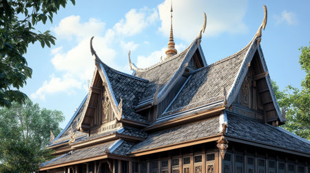 Explore the breathtaking beauty of a traditional Thai temple, showcasing intricate architectural details amidst a lush environment, perfect for travel and culture enthusiasts.の素材