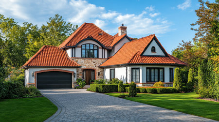 Beautiful suburban house featuring a striking red tile roof and a lush garden. This stunning home showcases modern architecture and inviting landscaping.の素材