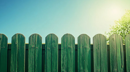 A serene green wooden fence against a bright blue sky, illuminated by sunlight. This image captures the essence of peaceful outdoor spaces, perfect for home decor, gardening, and nature-themed projects.の素材