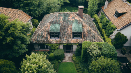 An inviting rustic house with a charming roof, surrounded by lush greenery. This serene retreat showcases a perfect blend of nature and architecture.の素材