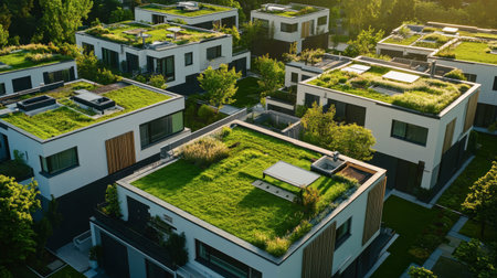 Aerial view of modern houses featuring green roofs surrounded by lush greenery. This eco-friendly design promotes sustainability and enhances urban living.の素材