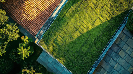 This aerial image captures a vibrant green roof amidst an urban environment, showcasing the harmony between nature and architecture under bright sunlight.の素材