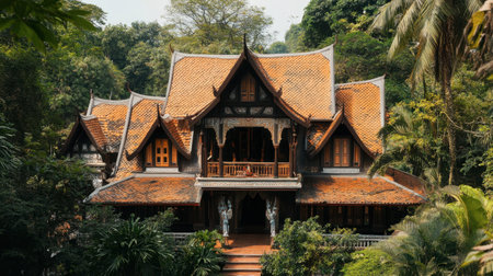 A beautiful traditional Asian house nestled in lush greenery, showcasing intricate architecture and vibrant orange roof tiles. Ideal for travel and culture themes.の素材