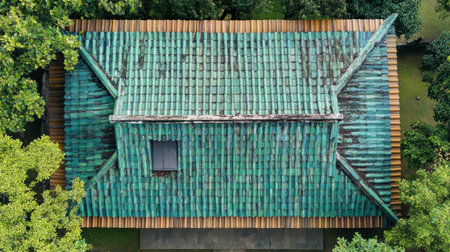 This aerial image showcases a rustic green roof atop a charming cottage. The vibrant tiles create a unique texture, surrounded by lush trees, representing serenity.の素材