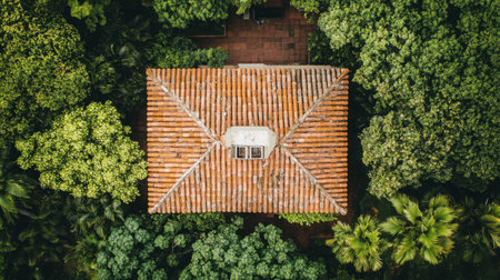 A stunning aerial view captures a rustic house with a tiled roof, enveloped by vibrant greenery. This serene landscape evokes tranquility and natural beauty.の素材