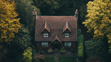 A picturesque rustic house surrounded by stunning autumn foliage, showcasing vibrant colors and a peaceful atmosphere. Perfect for nature lovers and home enthusiasts.の素材
