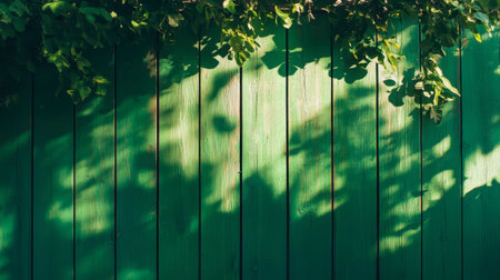 A vibrant green wooden fence showcases the beauty of nature with leaves casting playful shadows. This serene backdrop is perfect for various creative projects.の素材