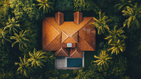 This aerial view showcases a modern house nestled among lush greenery, revealing a harmonious blend of architecture and nature. The serene surroundings promote relaxation.の素材