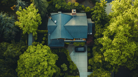This aerial image captures a cozy home surrounded by vibrant trees and a well-maintained garden. The setting evokes tranquility and warmth in a residential neighborhood.の素材